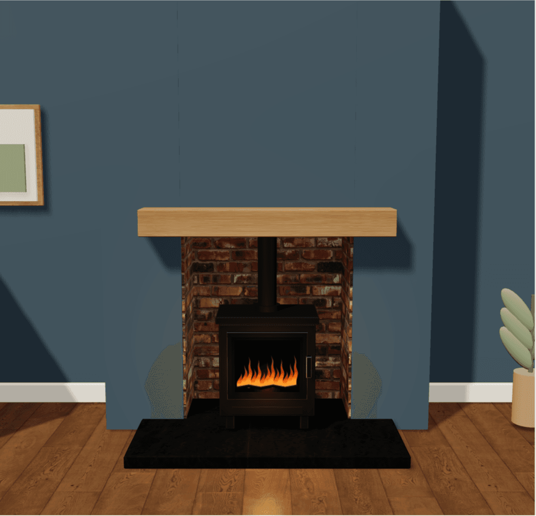 Example from the Northern Flame room visualiser: a black stove, brick inglenook and oak beam against deep blue walls